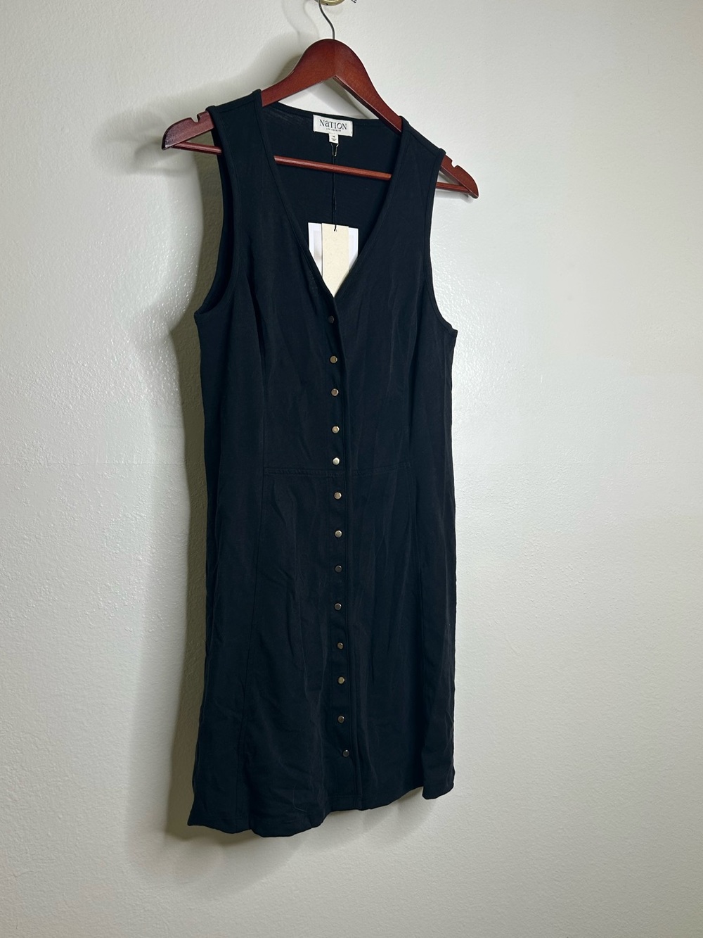 NWT Nation LA 100% Cotton Black Gold Button V - Neck Button Down Mini Dress